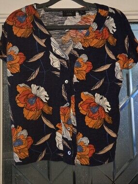 Tahari Navy Floral Button-Front Women's Top - Orange & White Print